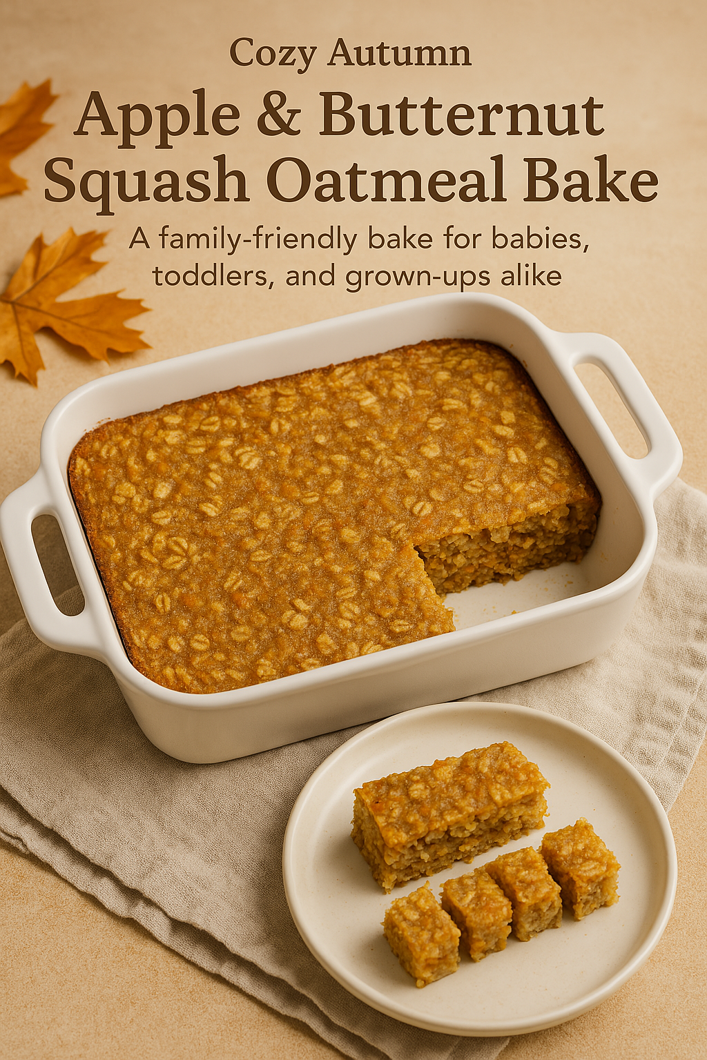 Freshly baked Apple and Butternut Squash Oatmeal Bake in a white ceramic dish, with soft golden-brown edges and a moist, comforting interior, served on a cozy autumn-themed table with fall leaves and linen.
